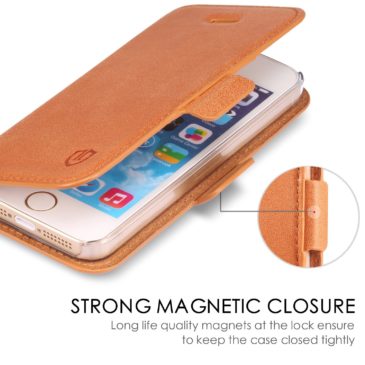 iPhone 5 Case, iPhone 5S Case, iPhone SE Wallet Case, SHIELDON Genuine Leather Wallet Case for iPhone 5 iPhone 5S iPhone SE with Dual Magnetic Snap – Dual Snap[Brown]