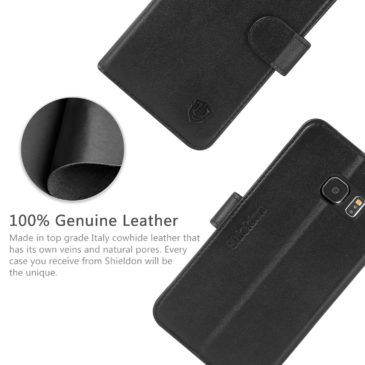 SAMSUNG Galaxy S6 Edge Plus Wallet Case, SAMSUNG S6 Edge Plus Case, SHIELDON Genuine Leather Leather Case with Magnetic Flap for SAMSUNG Galaxy S6 Edge Plus – Single Snap[Black]