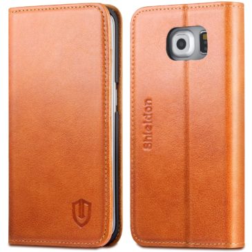 SAMSUNG Galaxy S6 Edge Case, SAMSUNG S6 Edge Case, SHIELDON® Genuine Leather Wallet Case with Magnetic Closure for SAMSUNG Galaxy S6 Edge – Classic [Brown]