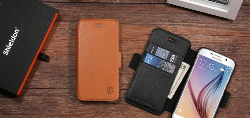 SAMSUNG Galaxy S6 Leather Case, SAMSUNG S6 Case, SHIELDON® Genuine Leather Wallet Case with Dual Magnetic Snap for SAMSUNG Galaxy S6 - Dual Snap [Brown]