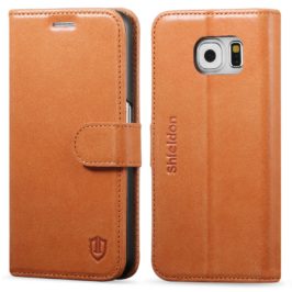 SAMSUNG Galaxy S6 Case, SHIELDON Genuine Leather Wallet Case with Magnetic Flap for Samsung Galaxy S6 - Single Snap [Brown]